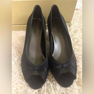 Naturalizer Black Satin Peep-Toe Heels with Bow Detail